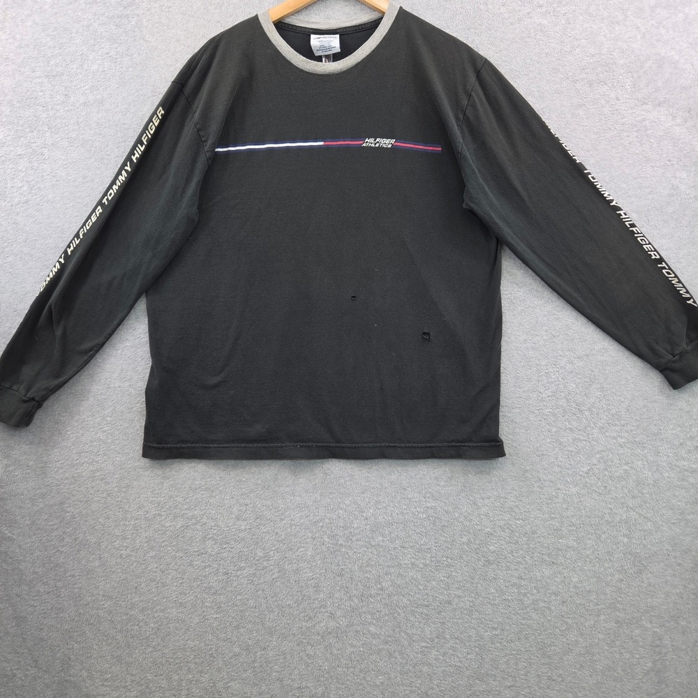 Legacy VTG 90s Grunge TOMMY HILFIGER Distressed Athletics LS Tee Mens L Black